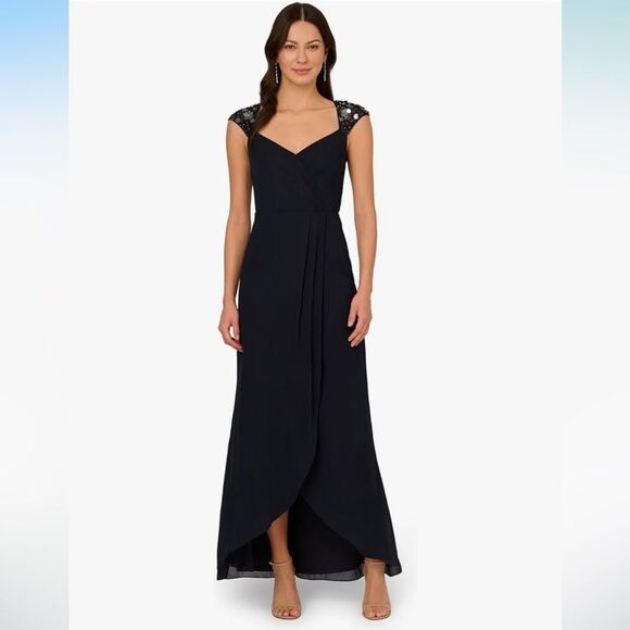 NWT Adrianna Papell | Dark Navy / Black Chiffon Long Maxi Sequin Wrap Dress 4 - Picture 4 of 16